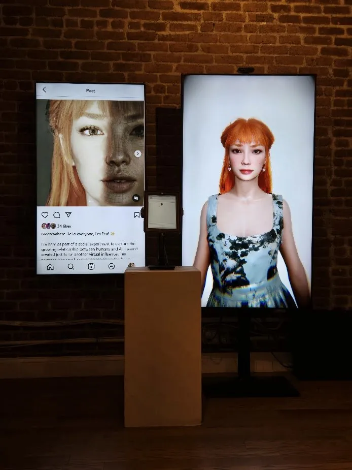 Meet Eva Here at the Canal Street Show, Subjective Art Festival, New York, a live conversational AI with an Instagram diary display.