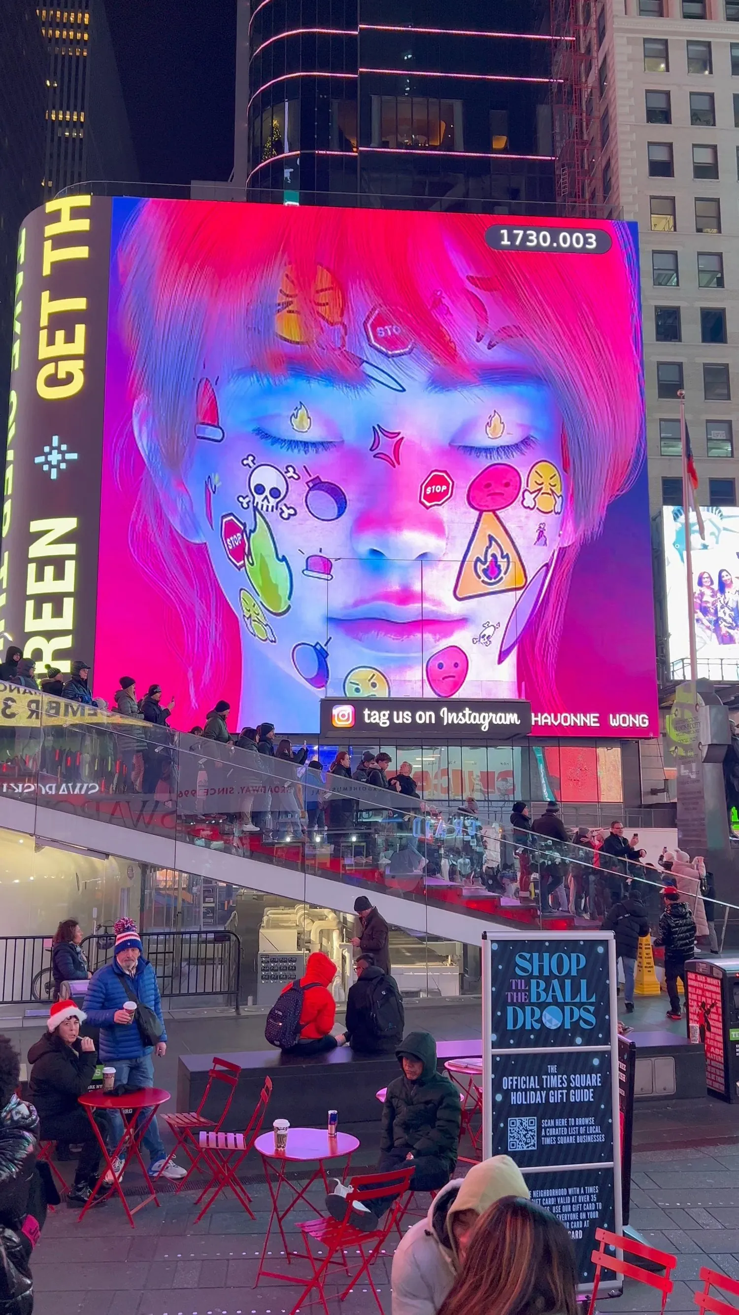 Large exterior digital display featuring Shavonne Wong's work during her NFT Factory solo exhibition.