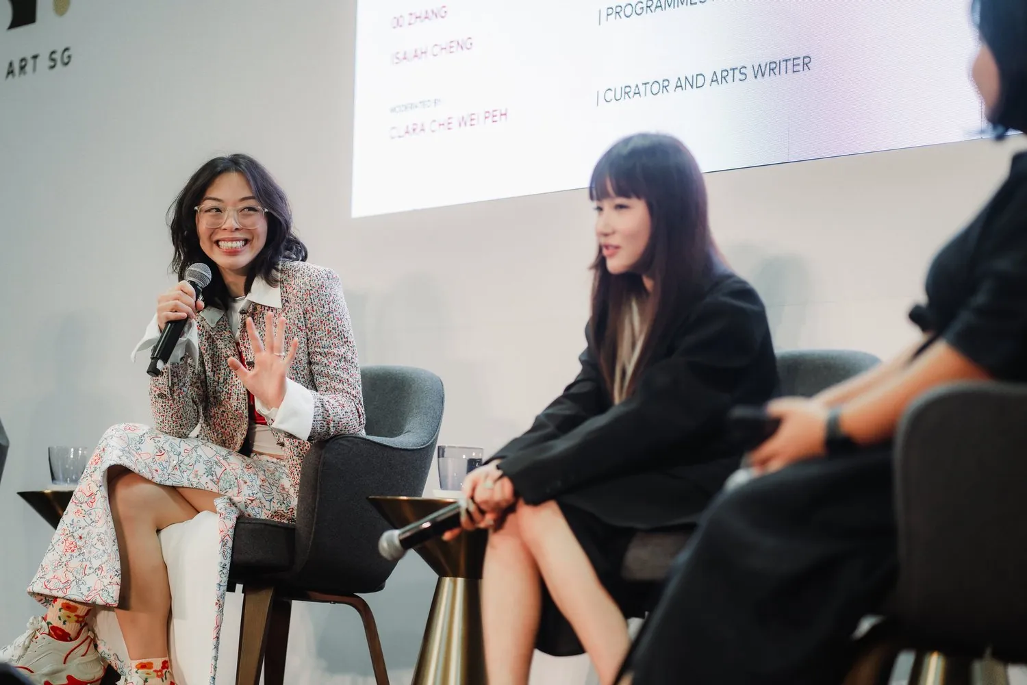 Shavonne Wong on the Bodies on Screens panel at ART SG 2025, discussing presence, identity, and AI with fellow artists and curators.