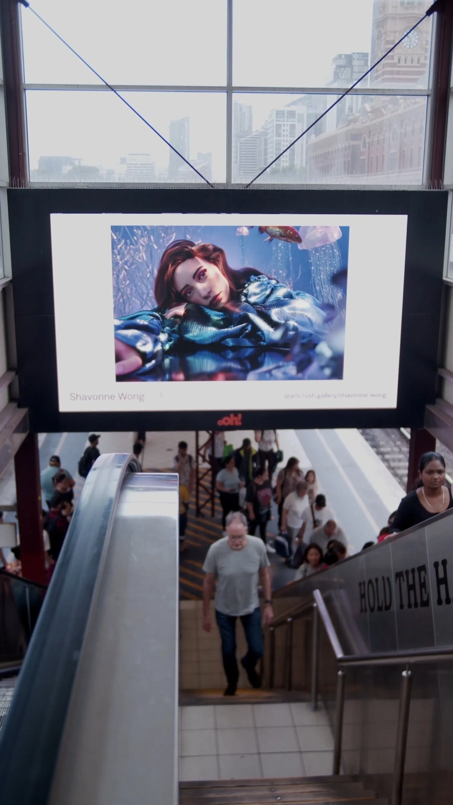 Large-scale display of Shavonne Wong's underwater artwork in a public venue.