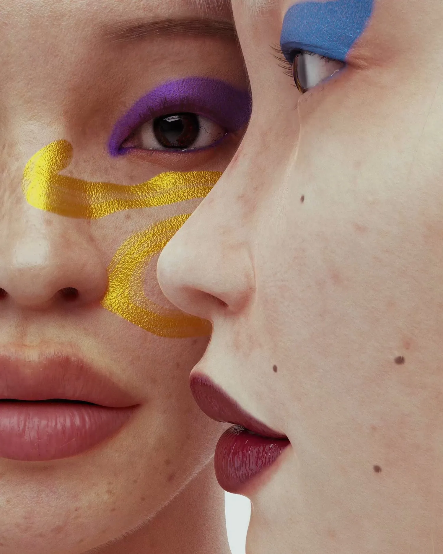 Kin II by Shavonne Wong, a hyperreal digital portrait of two closely positioned female faces, exploring intimacy, connection, and identity.