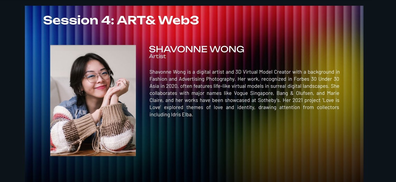 Speaker profile of Shavonne Wong for the ART& Web3 Summit at Marina Bay Sands.
