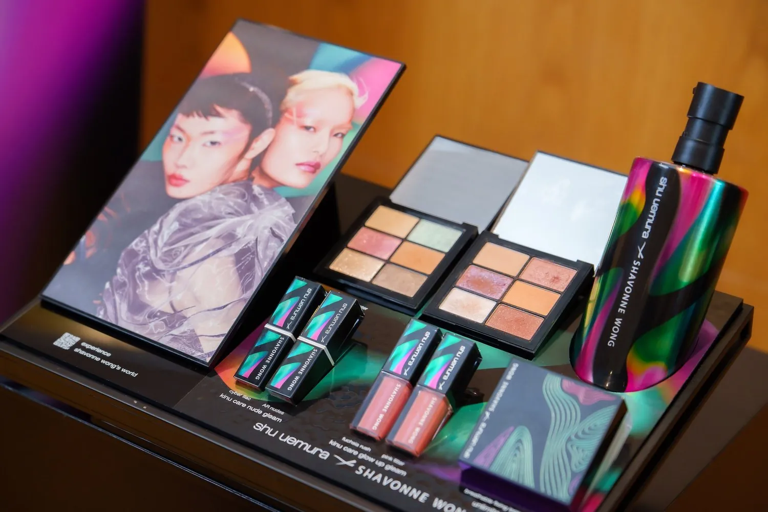 shu uemura x Shavonne Wong beauty campaign visuals, makeup palettes, and packaging with futuristic textures.