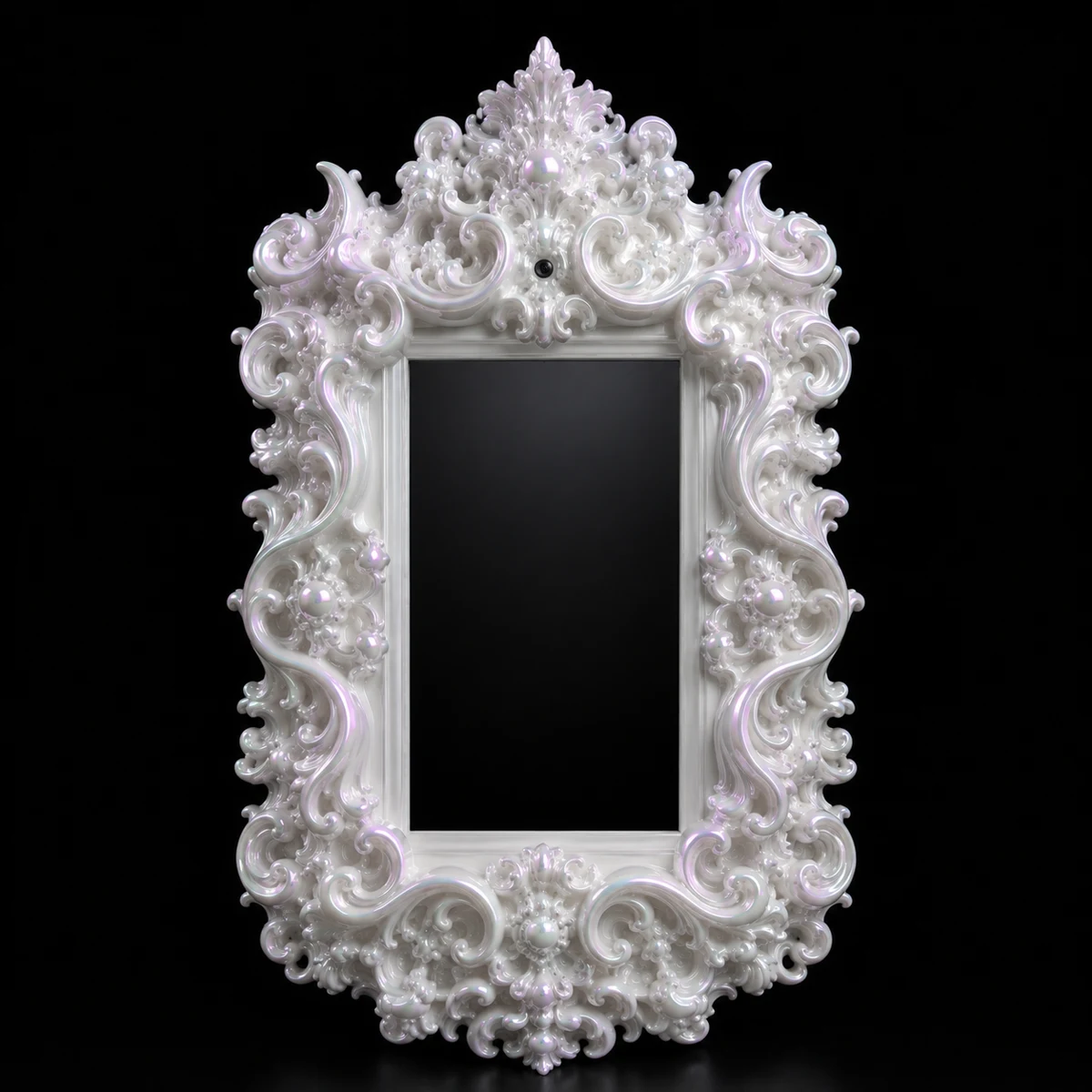 A white ornate baroque frame standing in for The Mirror prototype, with a small camera hidden in the crest