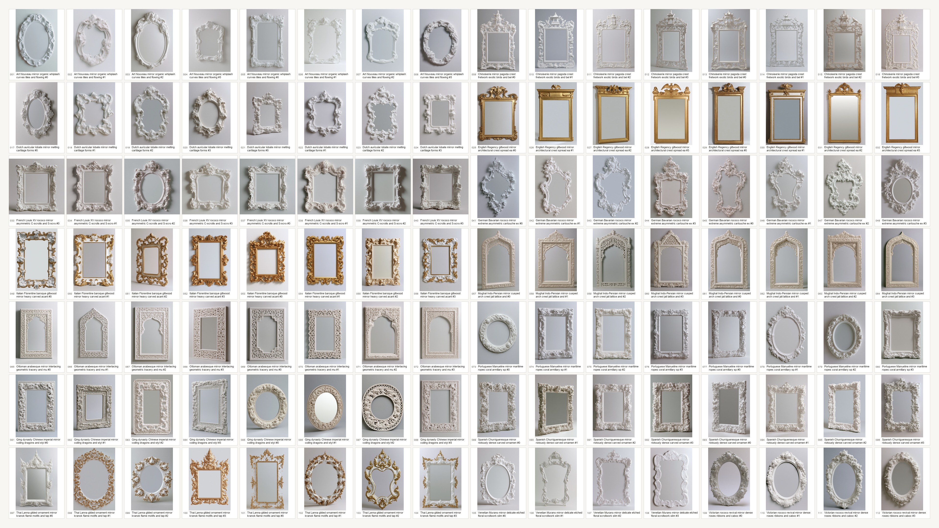 Grid of generated ornate mirror studies for Conditional